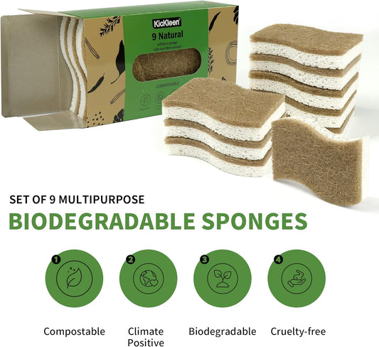 9-Pack Cellulose & Coconut Fiber Scrub Sponges - Biodegradable Kitchen Sponge