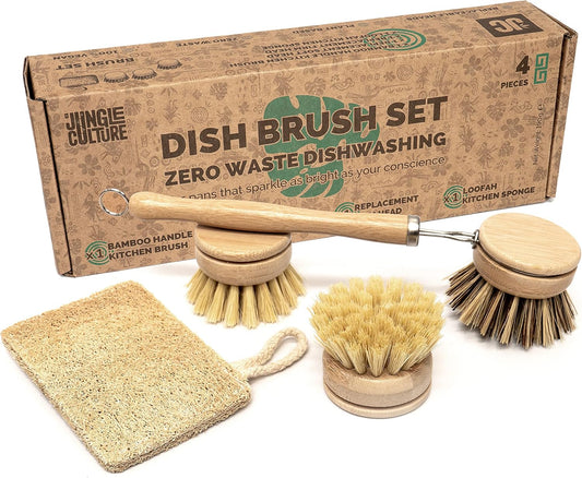 4-Piece Bamboo Dish Brush Set with 3 Replacement Heads & Loofah